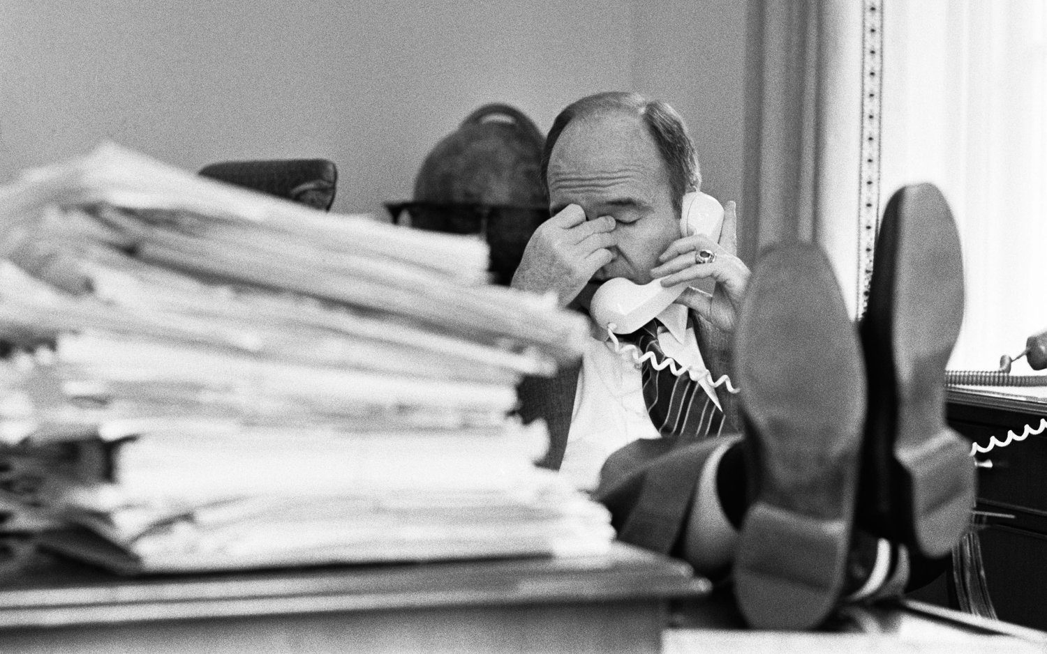 Deputy National Security Advisor Gen. Brent Scowcroft in his White House office reacts to the news that the South Vietnamese town of Ban Me Thuot has fallen to the North Vietnamese.&nbsp;